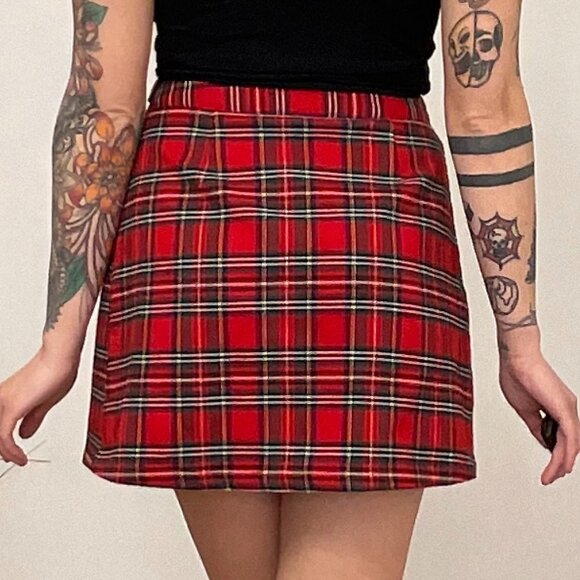 John Galt Plaid Mini Short Skirts Adjustable Belt Size S Red - Picture 6 of 8